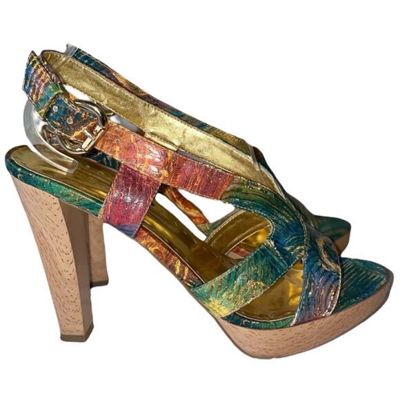 BCBGirls Pure Style Strappy Multicolor 4.5 inch heels, Sz 7.5B - Picture 4 of 7